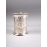 A Victorian silver mug with engraved and initialled decoration, 3 1/2" high, 4oz troy approx (bent