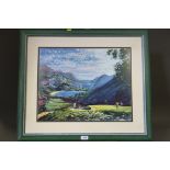 A pair of prints, landscapes with figures golfing, in green strip frames (one unglazed)