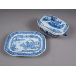 A Chinese blue and white tureen with landscape decoration and matched cover, 7" wide x 3 3/4"