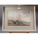 E C Quayle: watercolours, man with horses by the shore with distant hills, 9" x 13", in strip frame