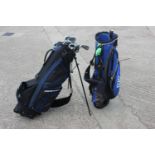A set of Prosimmon T1 Matrix X55 golf clubs (no woods) and two golf bags/caddies