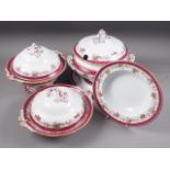 A Copeland part dinner service with brown transfer decorated order and wine red edge, comprising