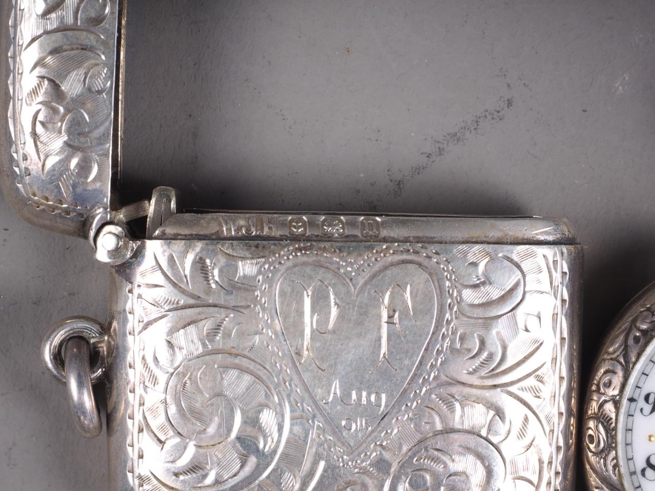 A silver book match case, a silver vesta case, a silver cased fob watch and two silver cheroot - Image 3 of 5