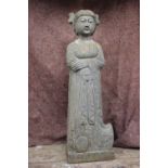 A pair of Chinese carved sandstone statues, female figures in Tang costume, 47" high