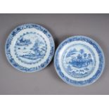 A Chinese blue and white plate with central landscape decoration and floral borders, 9" dia, and a