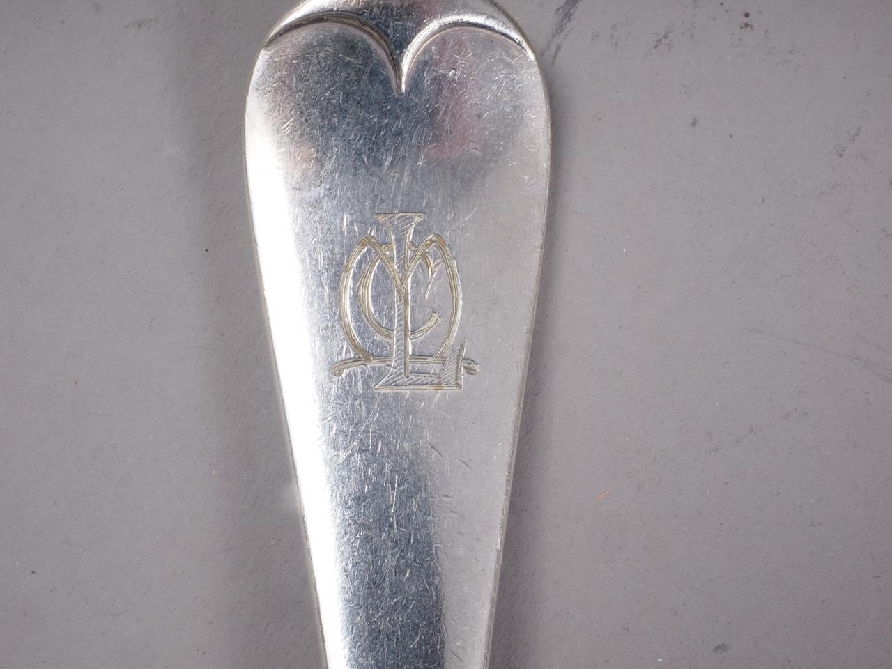 Two silver tablespoons, monogrammed "L", four matching dessert spoons, three other silver dessert - Image 4 of 5