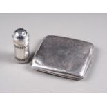 A silver cigarette case and a silver pepper shaker, 3.3oz troy approx