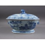 A Chinese blue and white tureen and cover with figure, boat and landscape decoration, and floral and