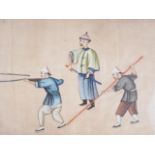 A Chinese watercolour on rice paper, soldiers training, 7 1/2" x 12 1/2", in gilt frame