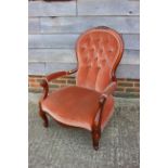 A carved and polished as walnut open armchair, button upholstered in a salmon velour and a companion