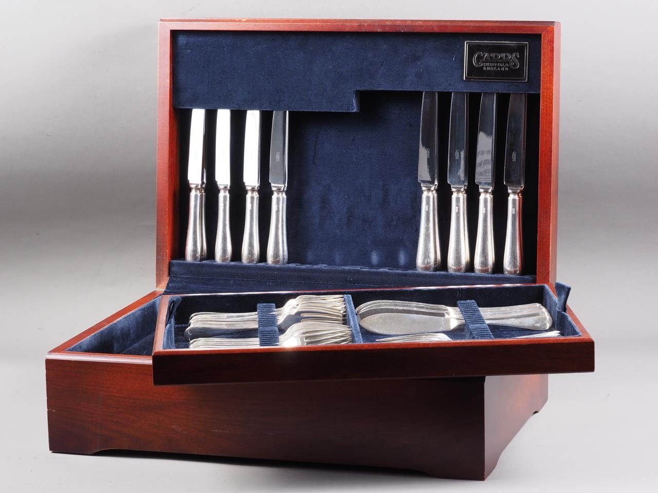 A Carrs "Old English" silver table service for eight with silver handled table and dessert knives (