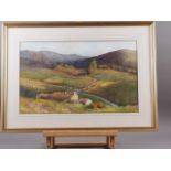 R C Riseley, 1928: watercolours, valley landscape with cattle, 12" x 20", in wash line mount and