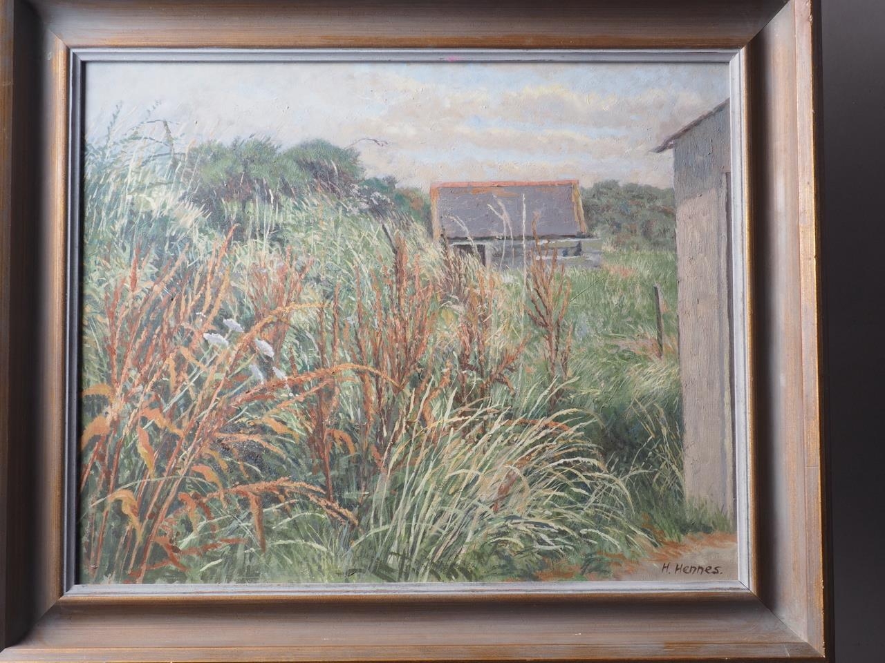 Hubert Hennes: oil on canvas, "Farm Buildings, Wales", 13 1/2" x 17 1/2", in painted strip frame,