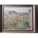 Hubert Hennes: oil on canvas, "Farm Buildings, Wales", 13 1/2" x 17 1/2", in painted strip frame,