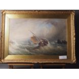 T S Robins: watercolours, figures on a boat in choppy waters, 18" x 27 1/2", in carved gilt frame