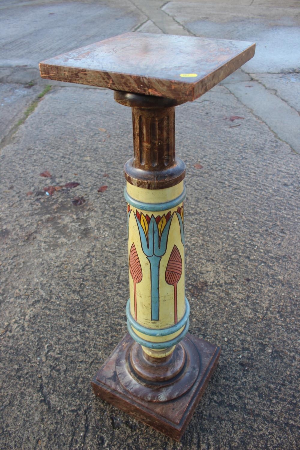 An early 20th century Egyptian carved and painted torchere stand, 12" square x 46" high