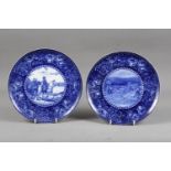 A pair of Staffordshire blue and white decorated plates, Napoleonic scenes, "Retreat from Moscow"