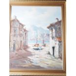 Continental School: a pair of oils, coastal scenes with houses, moored boats and distant
