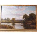 F Hopper: oil on canvas, "Near Weybridge", 24" x 36", in ornate gilt strip frame