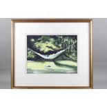 Janet Duncan: watercolours, figures in a hammock, 11 1/2" x 15", in gilt frame