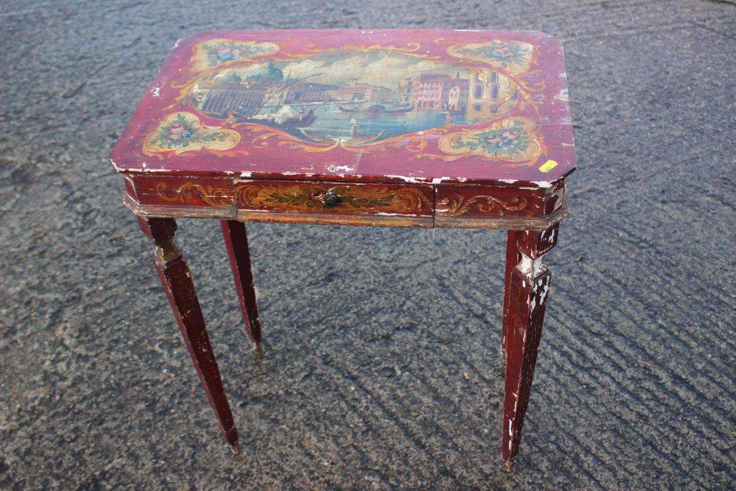 A Venetian painted occasional table, fitted one drawer, on square taper supports, 23 1/2" long x
