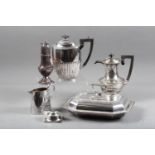 A silver plated octagonal entree dish and cover, a plated coffee pot, a plated hot water jug, a