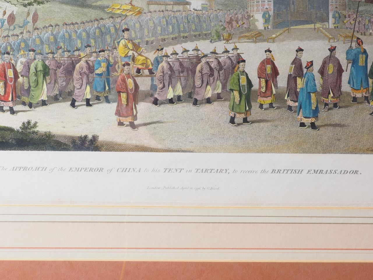 An 18th century hand-coloured engraving, "The Approach of the Emperor of China to his tent...." in - Image 3 of 3