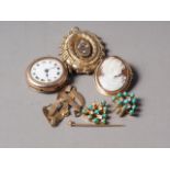 Two turquoise and diamond set triangular panels, a lady's gold cased wristwatch, two Victorian