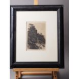 C E Johnson: dry point etching, "The Cliffs of Balmacara", in ebonised frame, a similar dry point