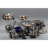 A selection of silver plated items, including a three-piece teaset, and a novelty owl pepper shaker