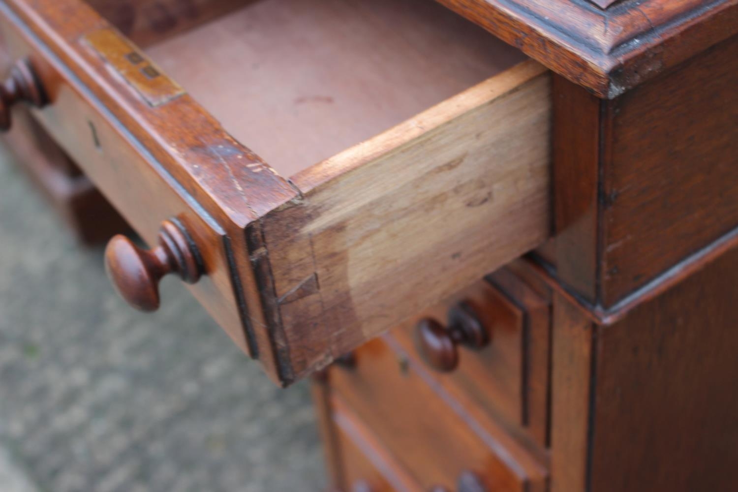 An Edwardian mahogany double pedestal desk with tooled and gilt lined leather top, fitted nine - Image 2 of 4