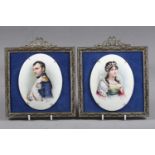 A pair of Continental porcelain oval panels, Napoleon and Josephine, 4 1/8" x 4 1/2", in silvered