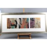 Two modern abstract prints, a Chinese print and a floral study, framed and glazed