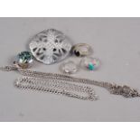 Three silver rings, a pill box, two chains, a knot brooch and three bead necklaces, various