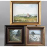 Peter Jay: three oils on board, landscape with church and sheep, 8 1/4" x 11 1/4", in gilt frame, "