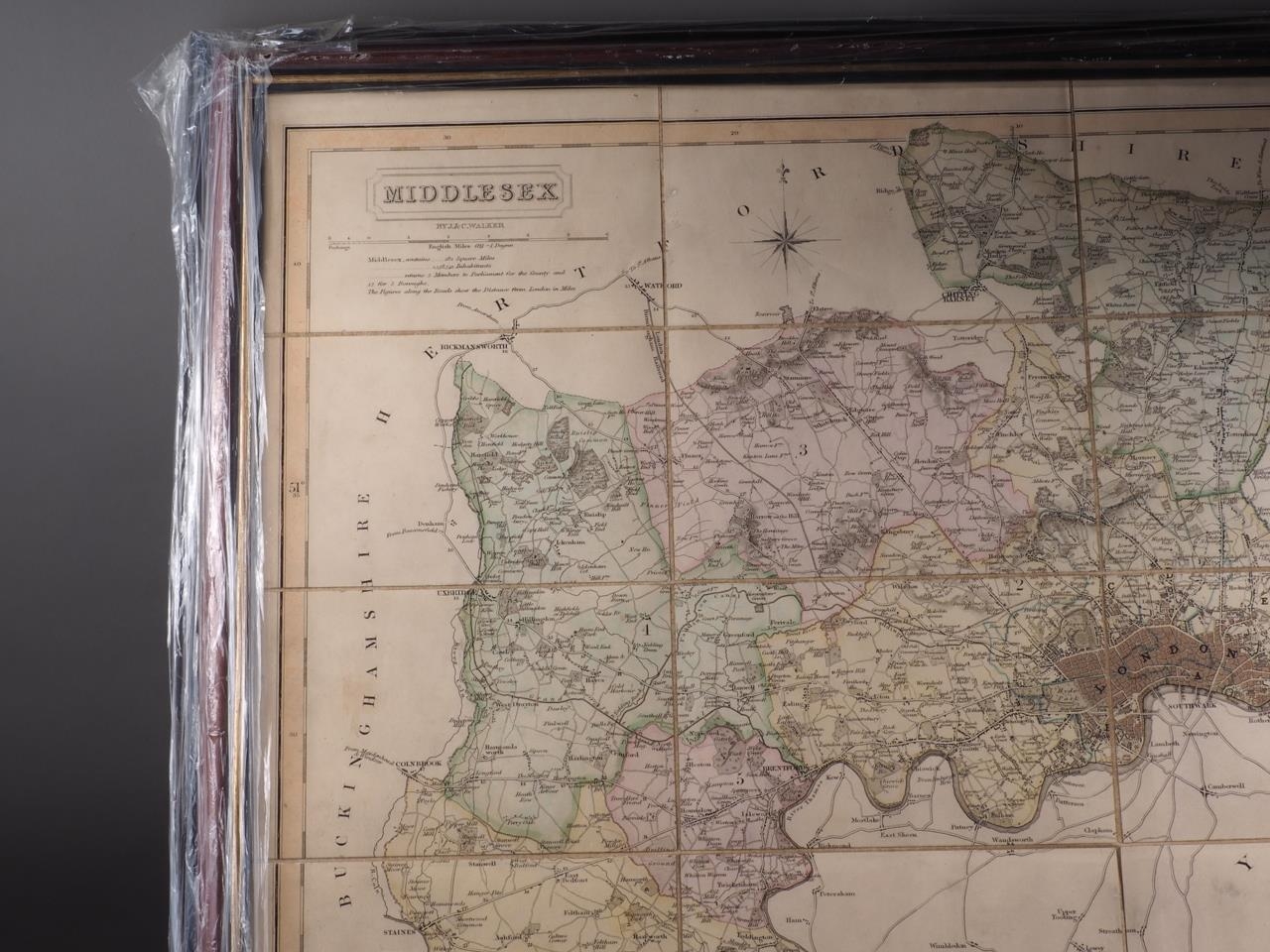 B Y J & C Walker: a 19th century hand-coloured map of Middlesex, in wooden strip frame - Image 4 of 4