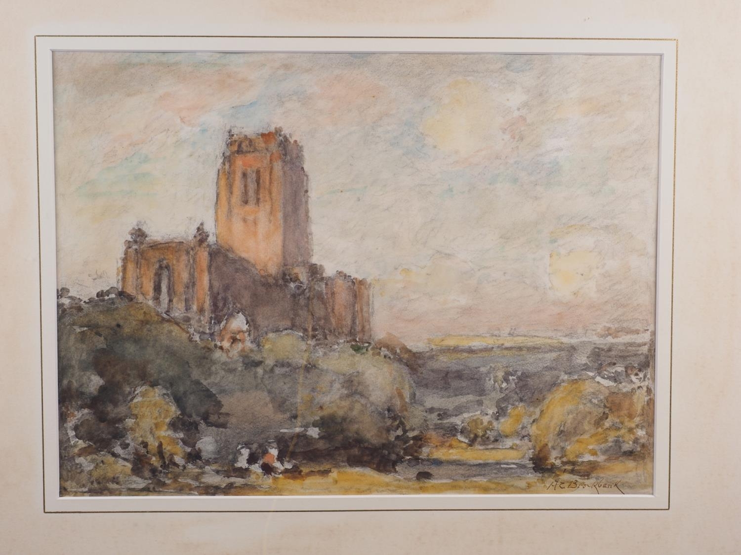 A C Brocklebank: watercolours, "Liverpool Cathedral", 11 1/4" x 15 1/2", in gilt frame, G Marks:
