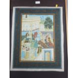 A pair of Indian watercolours on silk, figures dancing and figures in a building, 23 1/2" x 15 1/2",