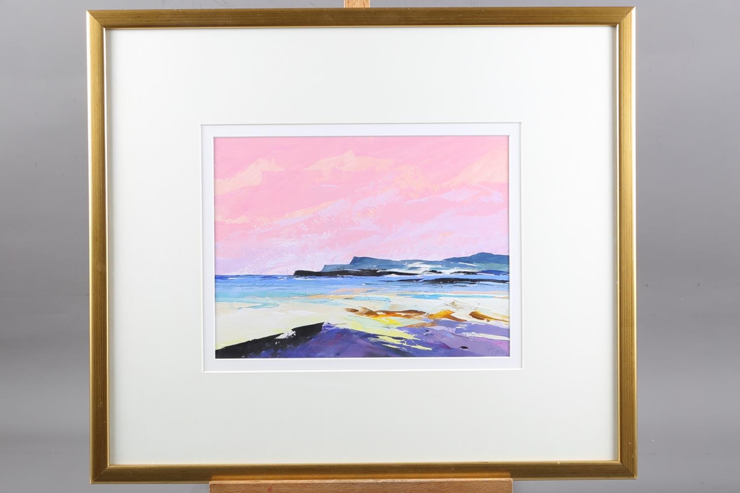 † Donald Hamilton Fraser RA: oil on board, "Faraid Head - pink sky", 9" x 12", in gilt frame (†