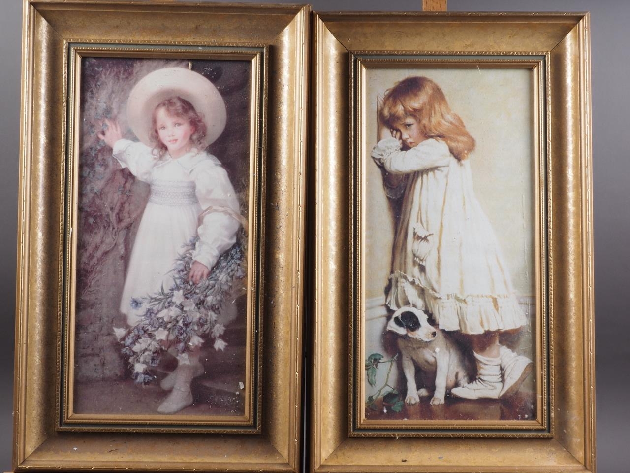 A pair of colour prints, children with dogs, in gilt frames, a similar pair, still lives, and