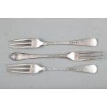 Three Georgian silver Old English pattern dessert forks, 3.9oz troy approx