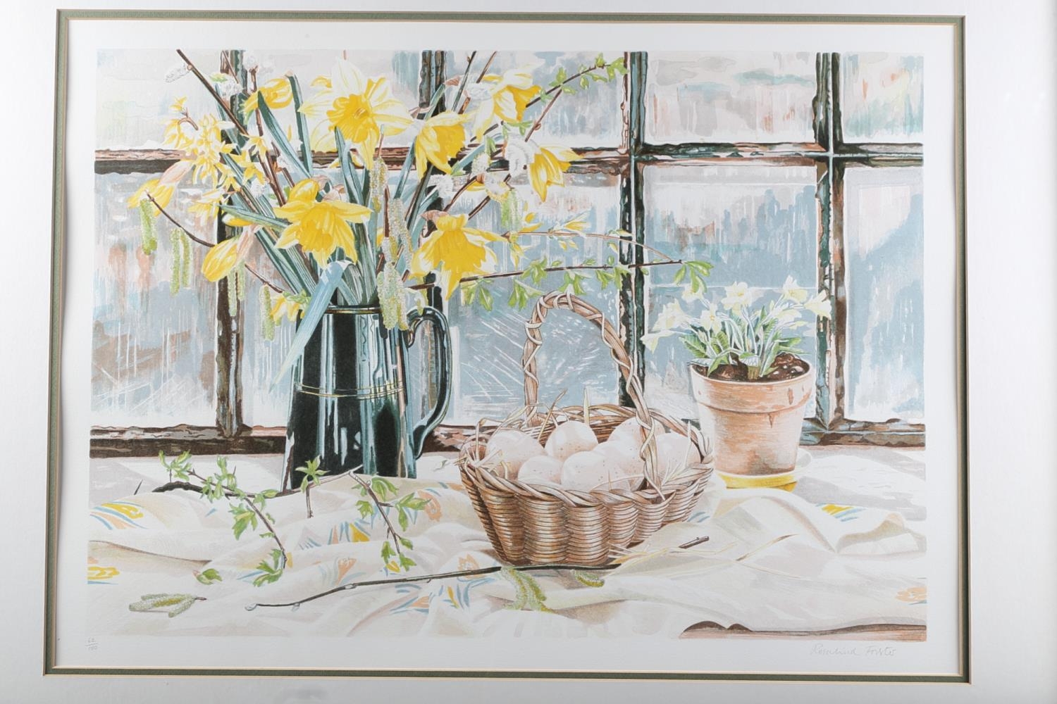 Rosalind Foster: a signed limited edition colour print, basket of eggs, 62/150, in strip frame,