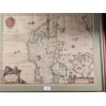 A 17th century hand-coloured map of Jutland, in wooden strip frame