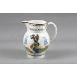 An early 19th century Prattware relief moulded jug, Admiral Nelson and Captain Berry, 7 3/4" high (
