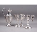 A pair of silver plated three-light candelabra, 6 3/4" high, a plated wine ewer with engraved