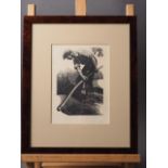 Claire Leighton: wood engraving, figure with scythe harvesting, in wood effect frame