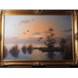 G Brolaner: oil on canvas, waterway scene with flying ducks and rowing boat, 23 1/2" x 35 1/2", in