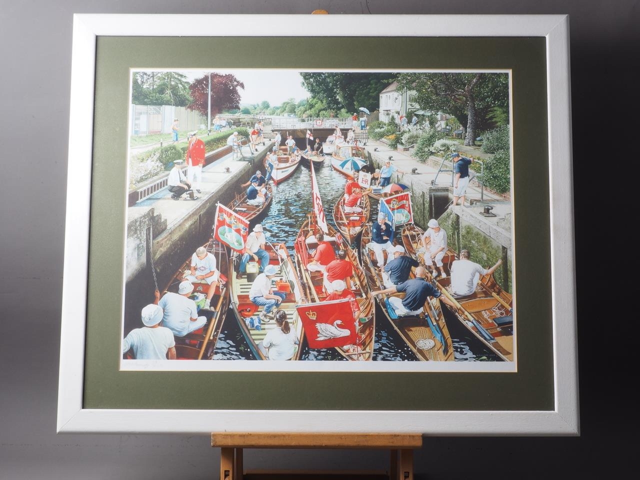 W P Mundy: a limited edition print, swan upping, 13/450, in white painted strip frame, a print of