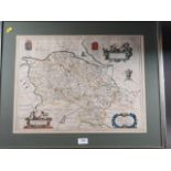 A 17th century hand-coloured map of Denbigh and Flintshire, in gilt metal strip frame