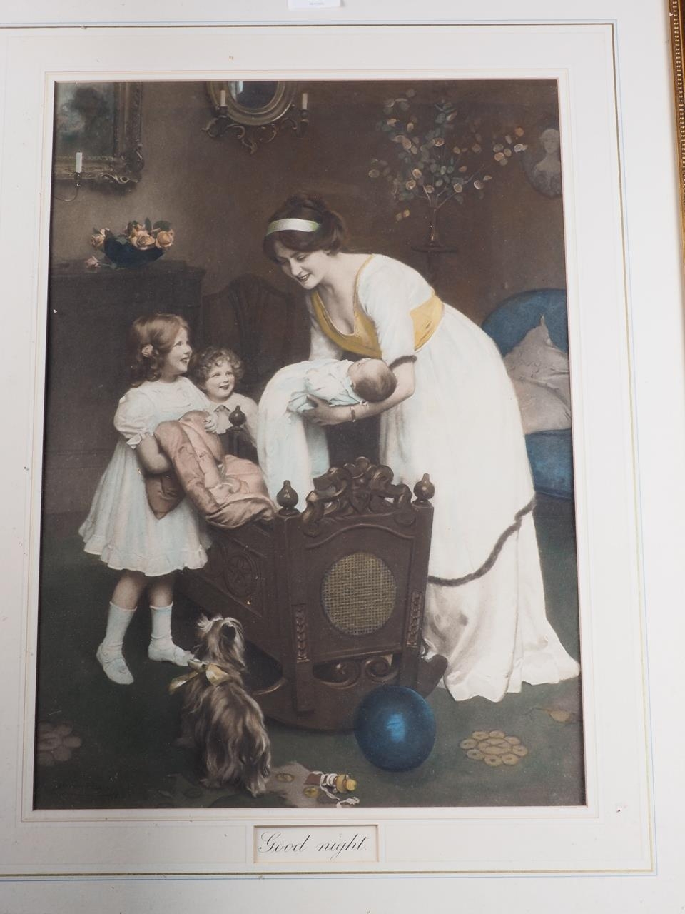 A pair of colour prints, children with dogs, in gilt frames, a similar pair, still lives, and - Image 8 of 8